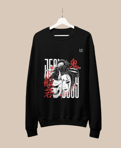 Black sweatshirt with graphic design on a beige background