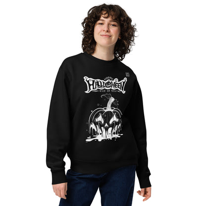 Person wearing a black sweatshirt with a Halloween-themed design on a white background