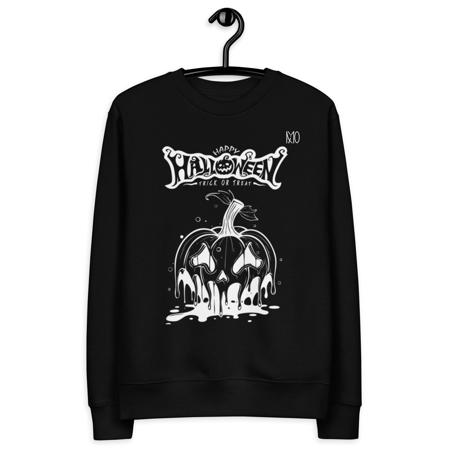 Black sweatshirt with Halloween-themed design on a hanger